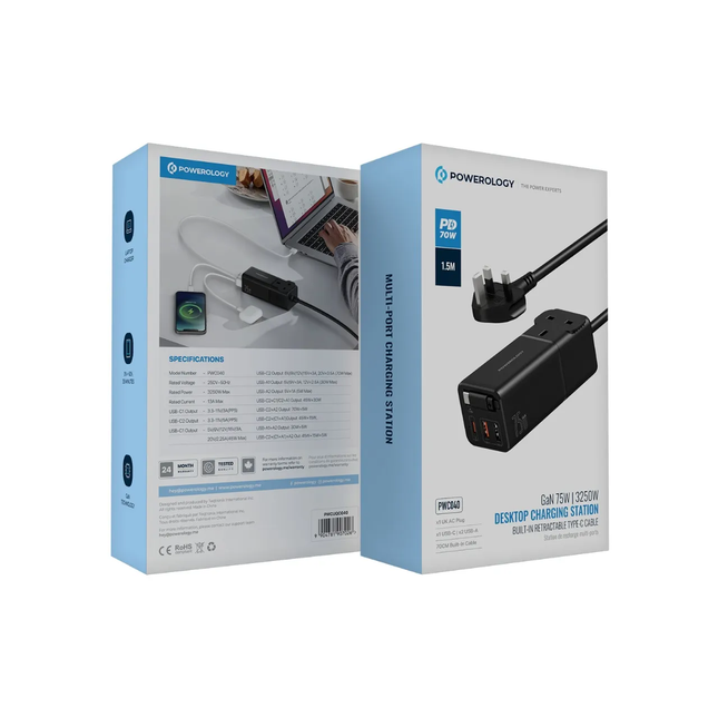 Powereology PD75W 2xUSB-C + 2xUSB-A GaN Desktop Power Strip – Black