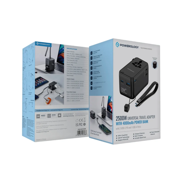 Powereology PD 20W Universal Travel Adapter with 4000mAh Power Bank